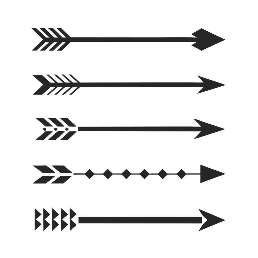 Collection of Five Stylish Black Arrows with Various Tribal Designs and Geometric Patterns vector