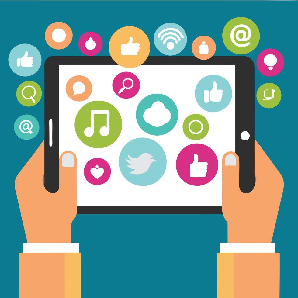 Hands Holding Tablet Displaying Various Social Media Icons and Applications vector