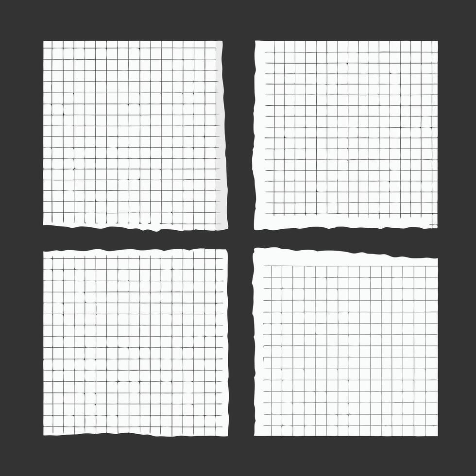 Collection of Four Torn Grid Paper Sheets Isolated on Black Background vector