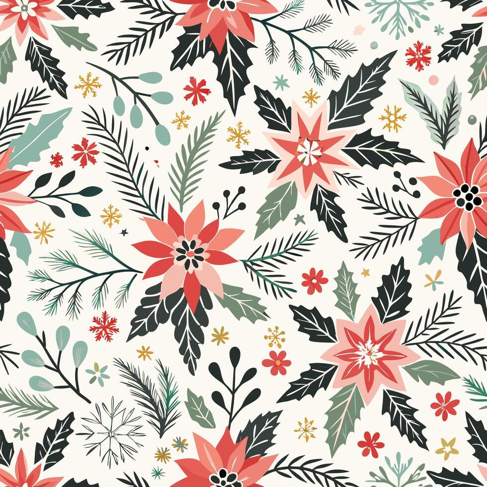 Lovely Christmas Floral Pattern with Poinsettia and Winter Branches vector