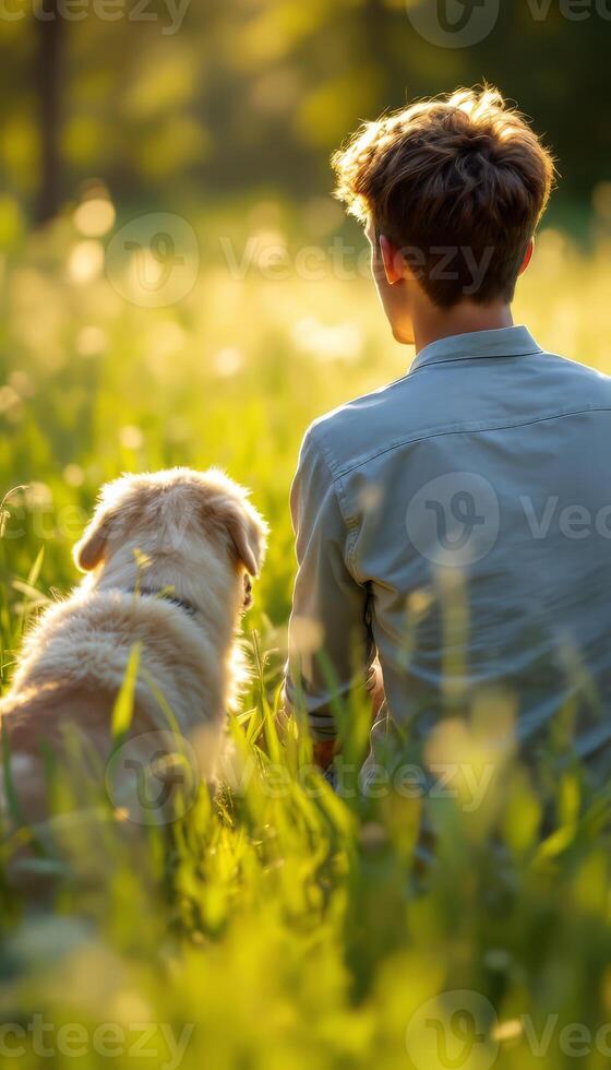 A man and his dog in a field photo