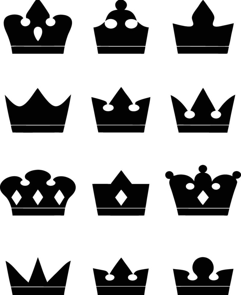 Twelve Different Black Crown Silhouettes Collection of Royal Headwear Graphic Design Elements vector