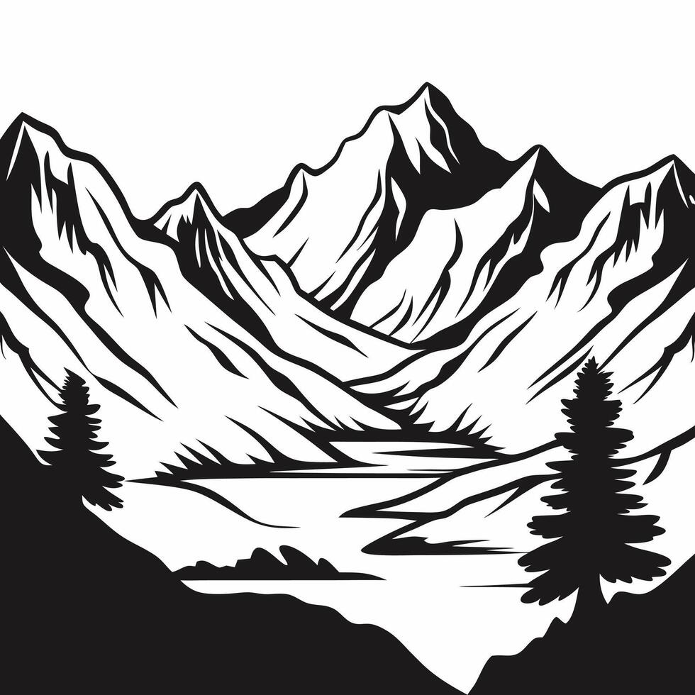 Majestic Black and White Mountain Landscape Featuring a Serene Valley and Evergreen Trees vector
