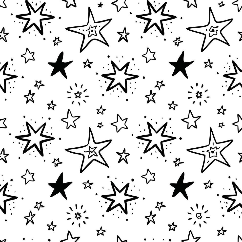 A delightful pattern of hand drawn stars of varying sizes and styles on a white background vector