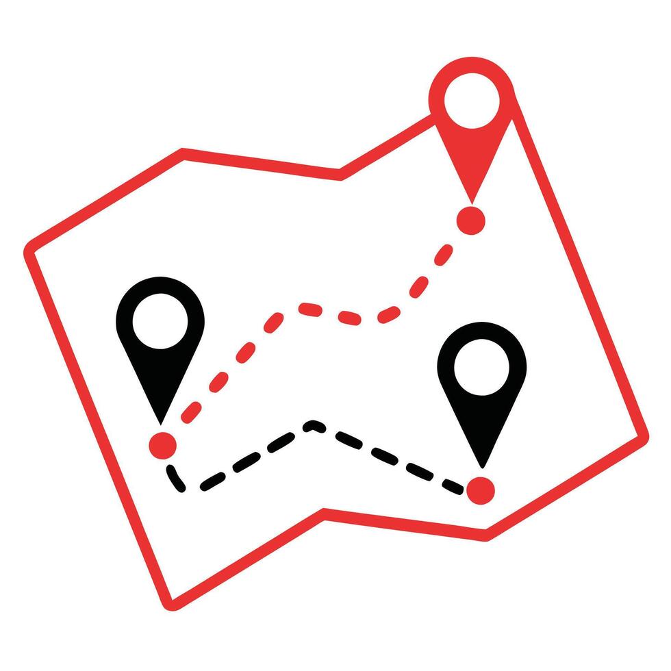 Folded Map Showing a Route with Three Location Markers and a Dotted Line Path vector