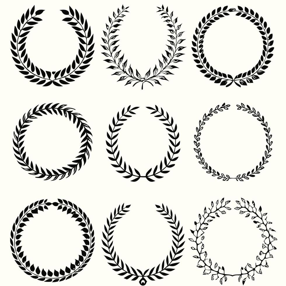 Collection of Nine Elegant Black and White Laurel Wreaths for Design Elements vector