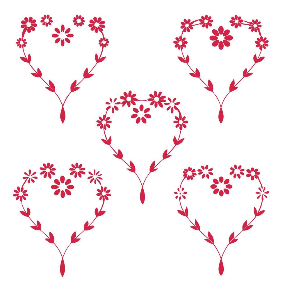 Collection of Four Red Floral Heart Designs with Simple Flower Patterns vector