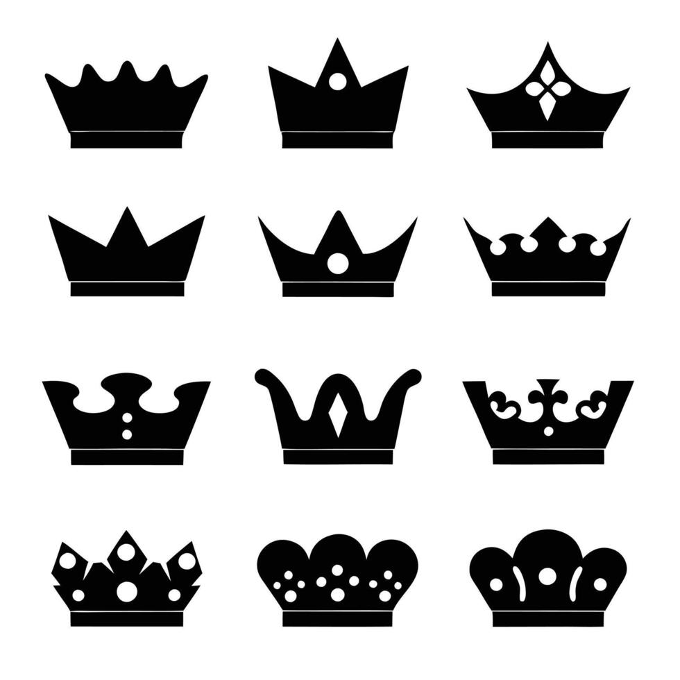 Collection of twelve different black crown icons silhouettes on white background vector