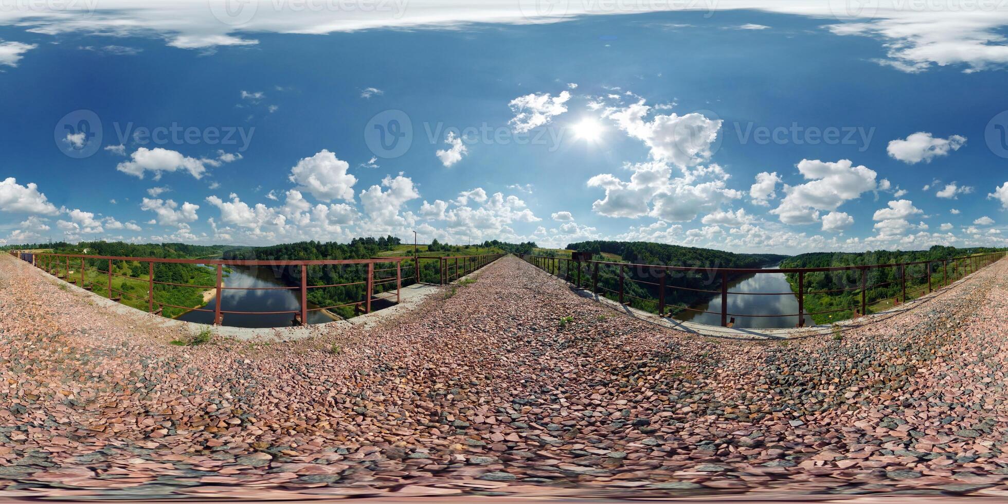 360 hdri panorama view on abandon railway bridge across river. 360 panorama in equirectangular spherical seamless projection, VR AR content photo