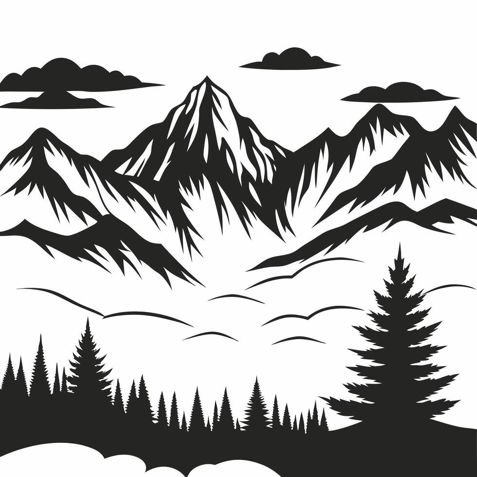 Majestic Mountain Range with Evergreen Forest and Cloudy Sky Black and White vector