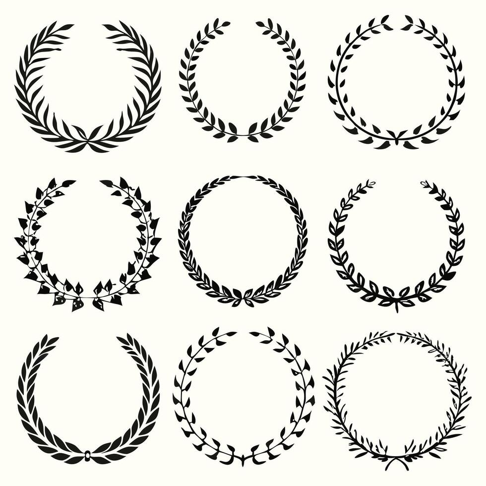 Collection of Nine Elegant Black Laurel Wreaths for Design Elements vector