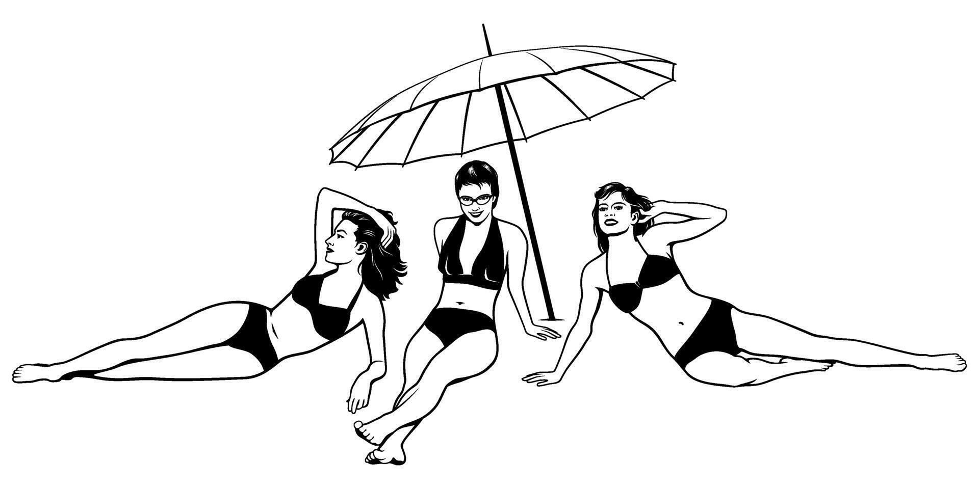 Women in Bikini lying on Beach Under Umbrella. Black and white cliparts isolated on white. vector
