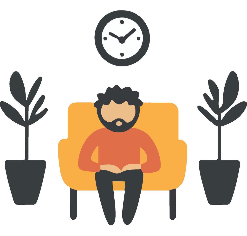 Cozy Reading Man on Sofa with Clock and Plants vector