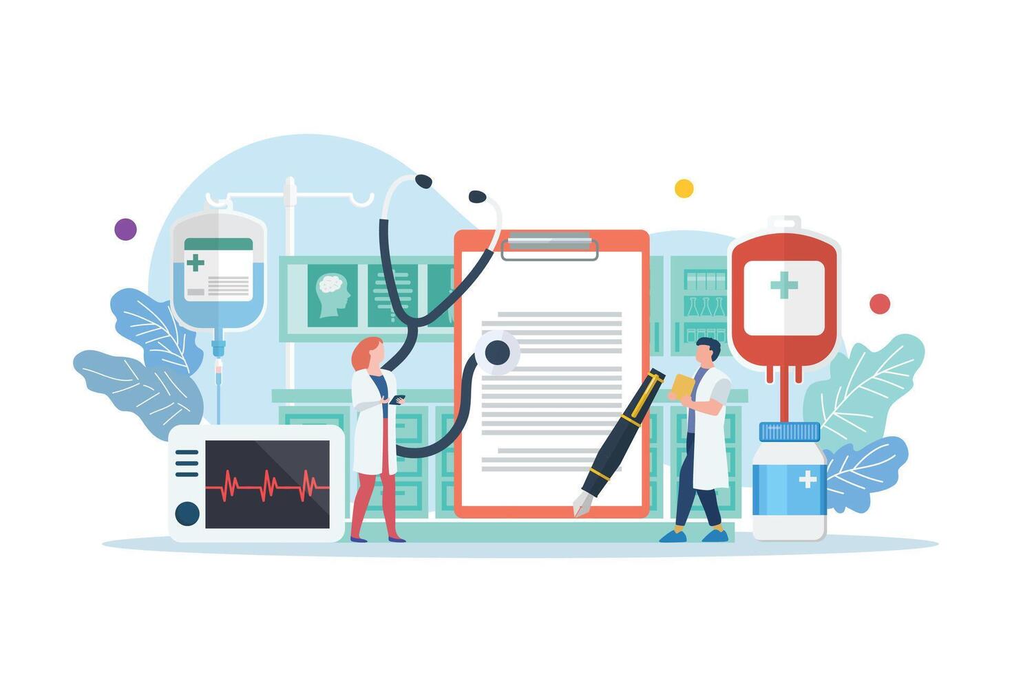 Healthcare and hospital scene with miniature people vector