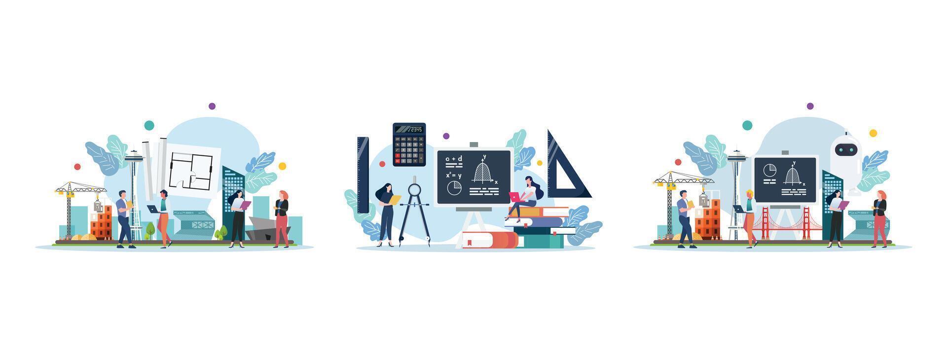 Construction and engineering scenes with miniature people vector
