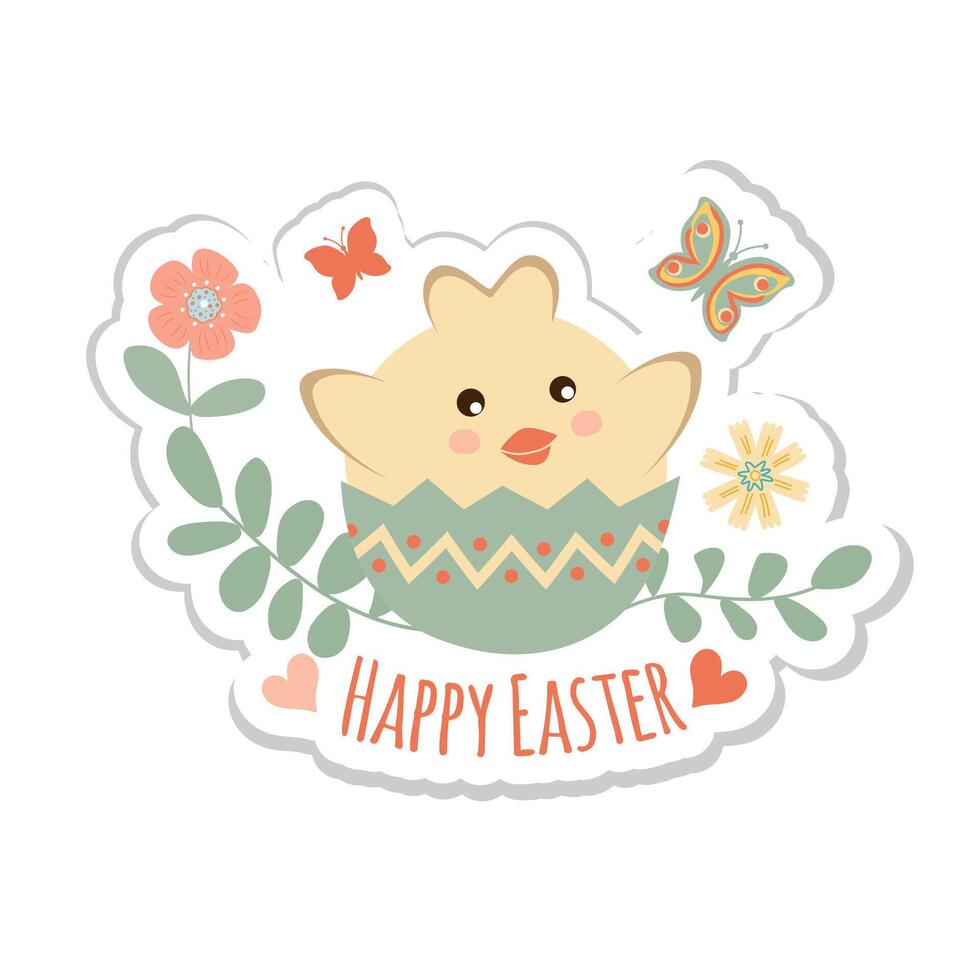 Happy easter sticker. A cute little chick sitting in a shell with flowers and easter eggs on white background. Can be add text. vector