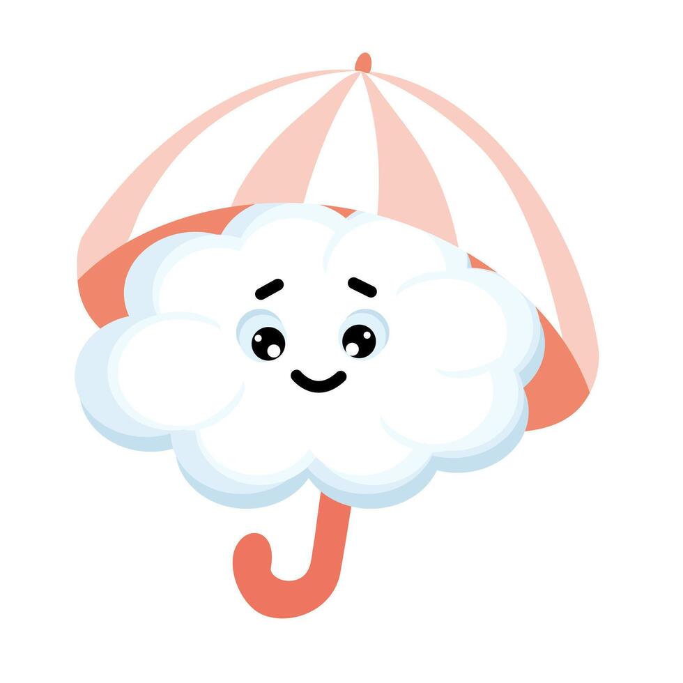 Cute happy kawai cloud.A cheerful cloud under an umbrella. Cartoon style comic, weather icon. vector