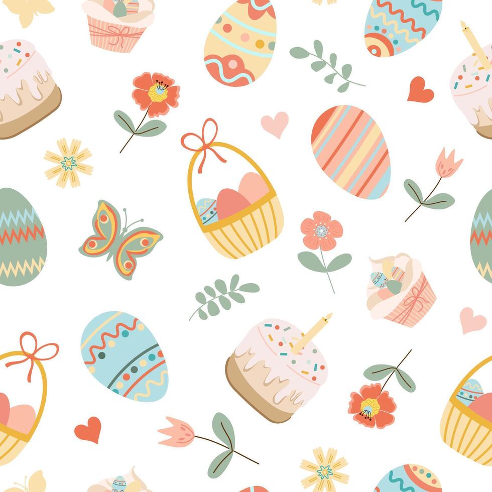 Happy easter. Seamless pattern with easter eggs, easter cake, flowers, on white background. vector