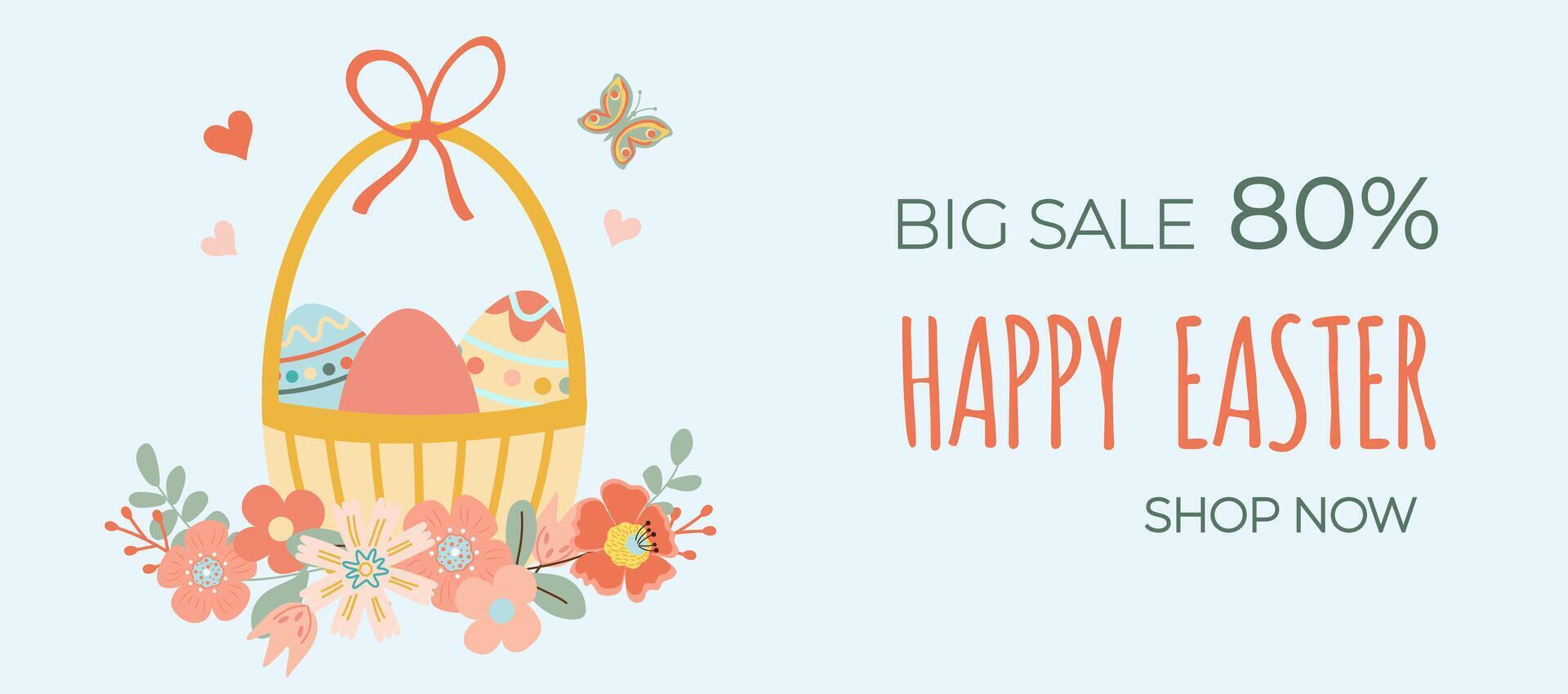 Happy easter sale. Basket with Easter eggs on blue background. Can be add text. Design for banner, poster, postcard. EPS10. vector