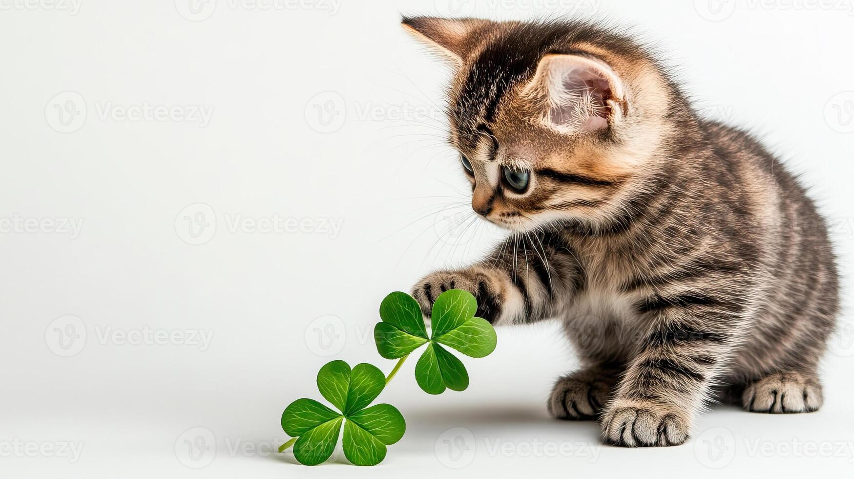 A kitten playing with a shamrock leaf photo