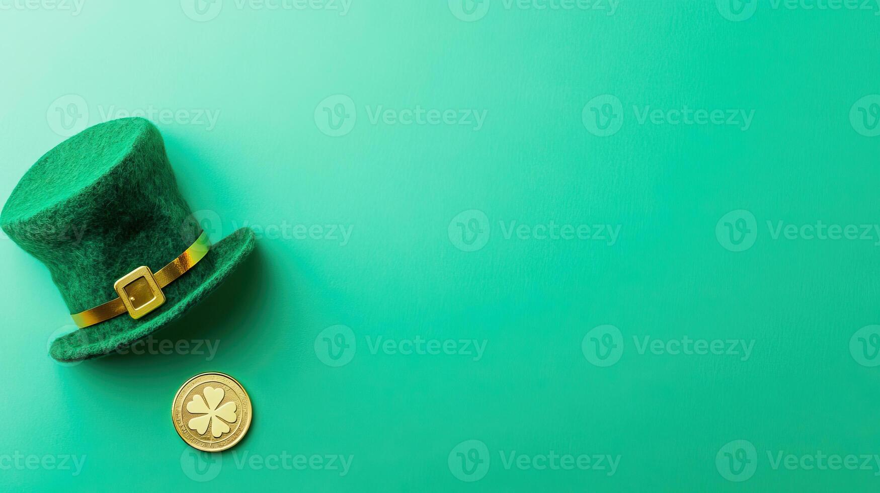 St patrick's day hat and gold coin on green background photo