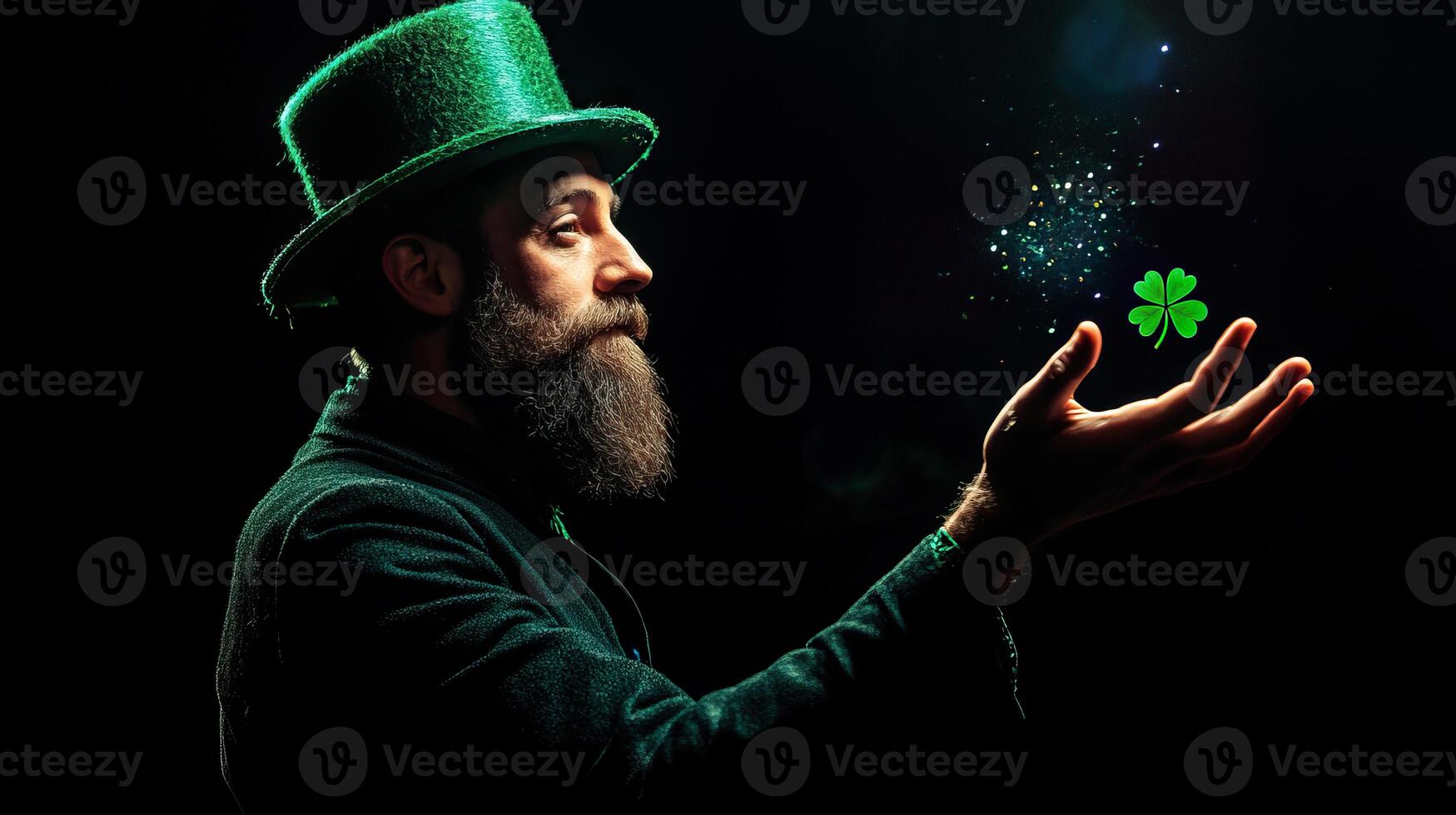 A bearded man in a green hat is holding a shamrock photo