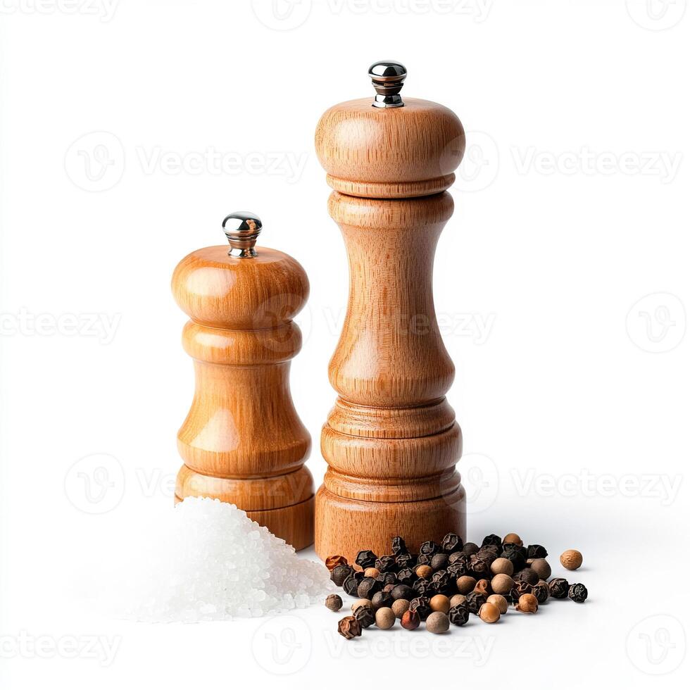 Two wooden pepper mills and salt shaker photo