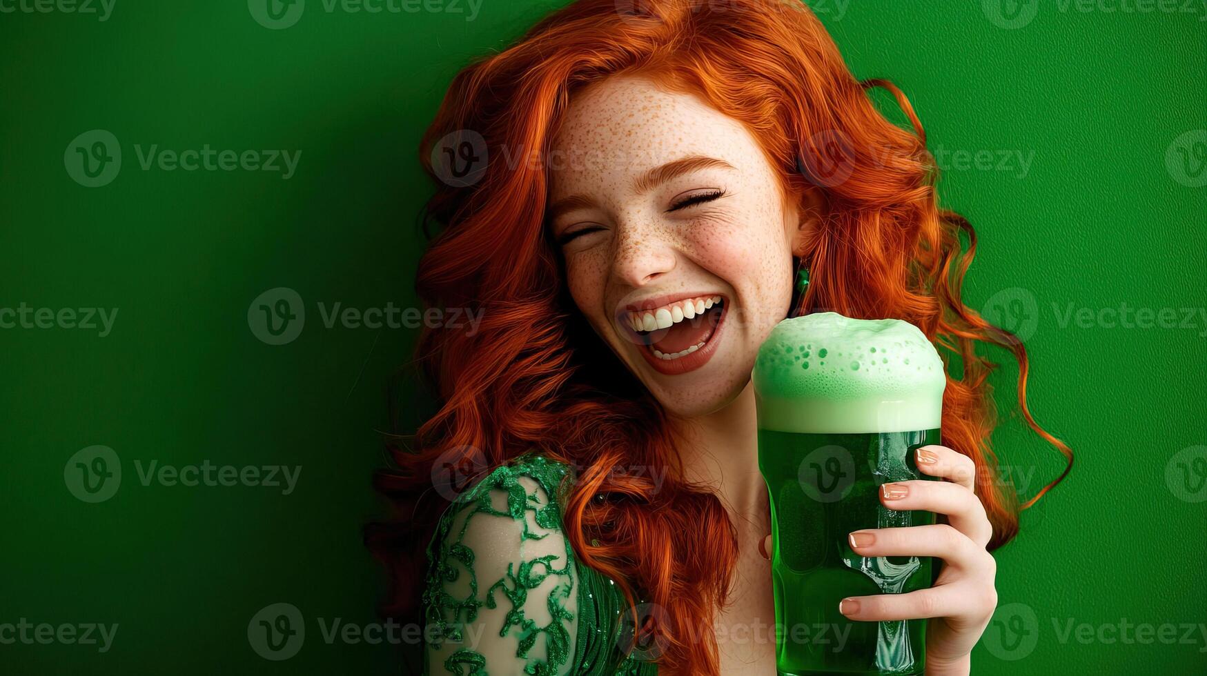 A woman with red hair holding a green beer photo