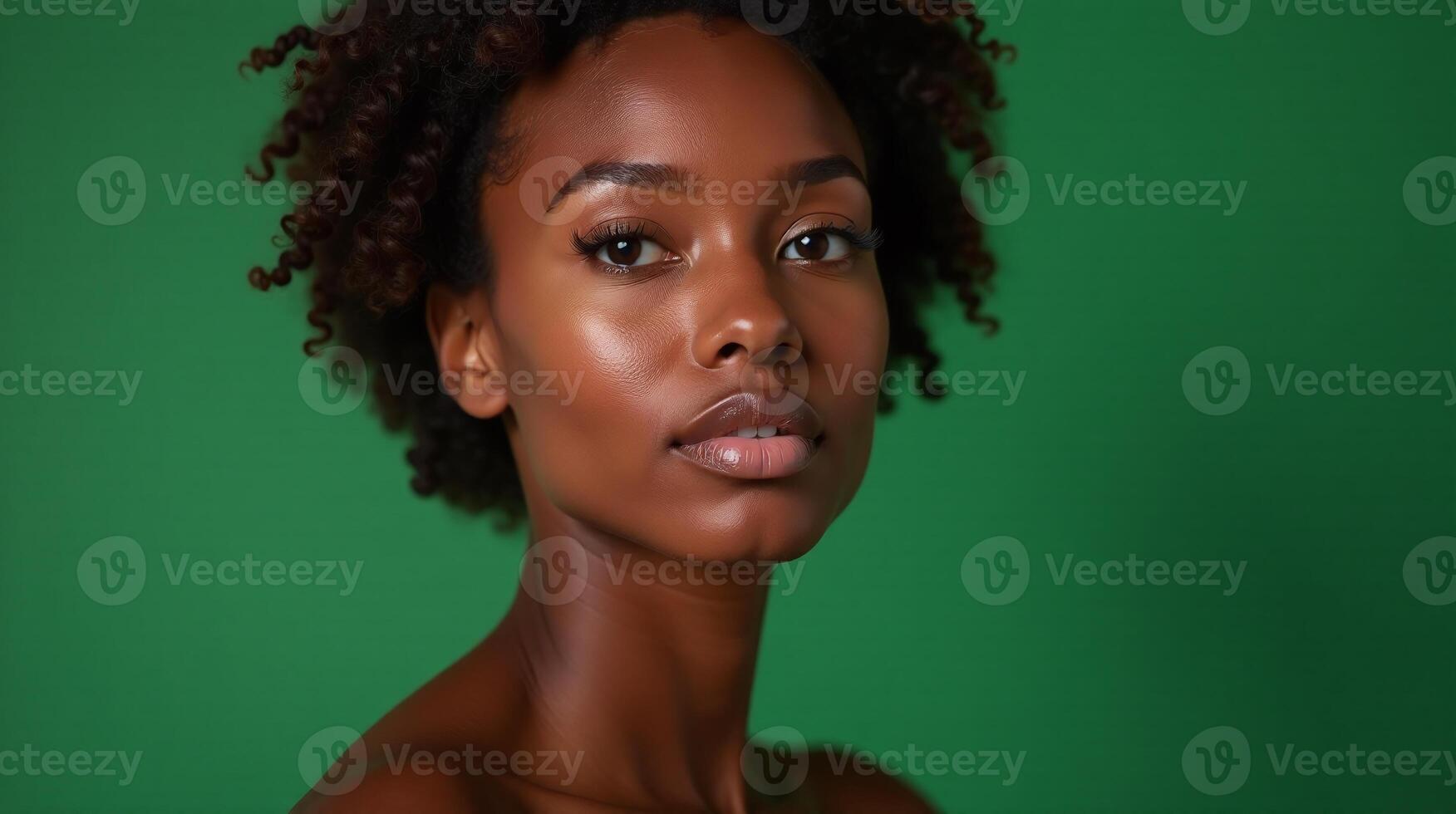 Elegant individual with curly hair against a green backdrop. photo