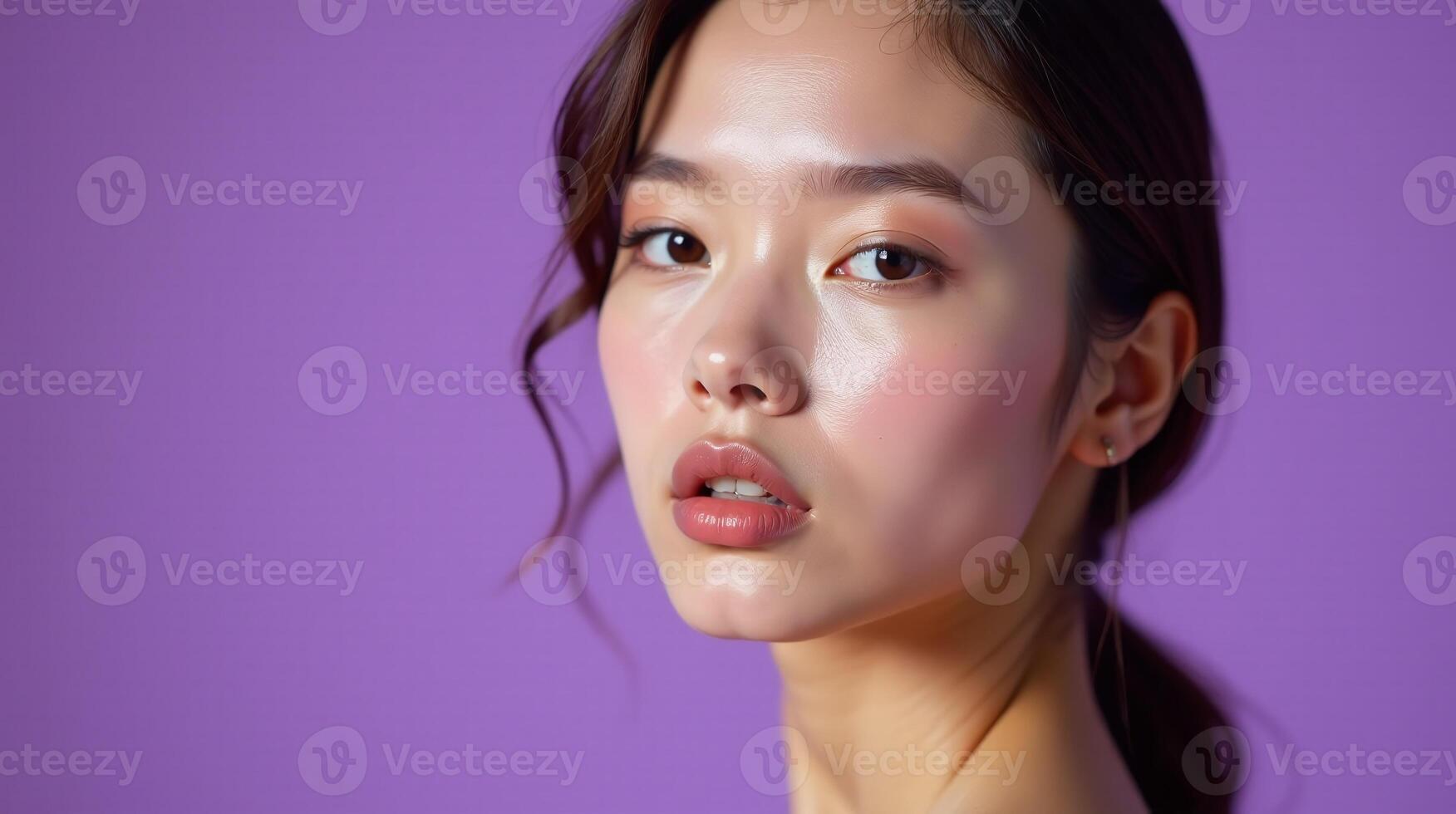 The image features a close-up portrait of a person with a glossy makeup look against a solid purple background. photo