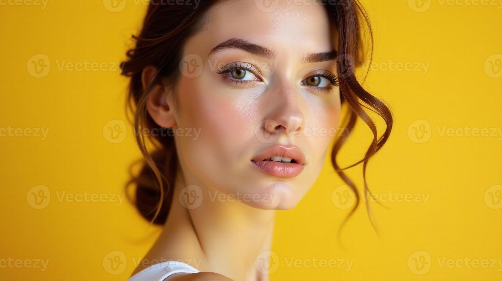 A woman with elegant hairdo set against a vibrant yellow background. photo