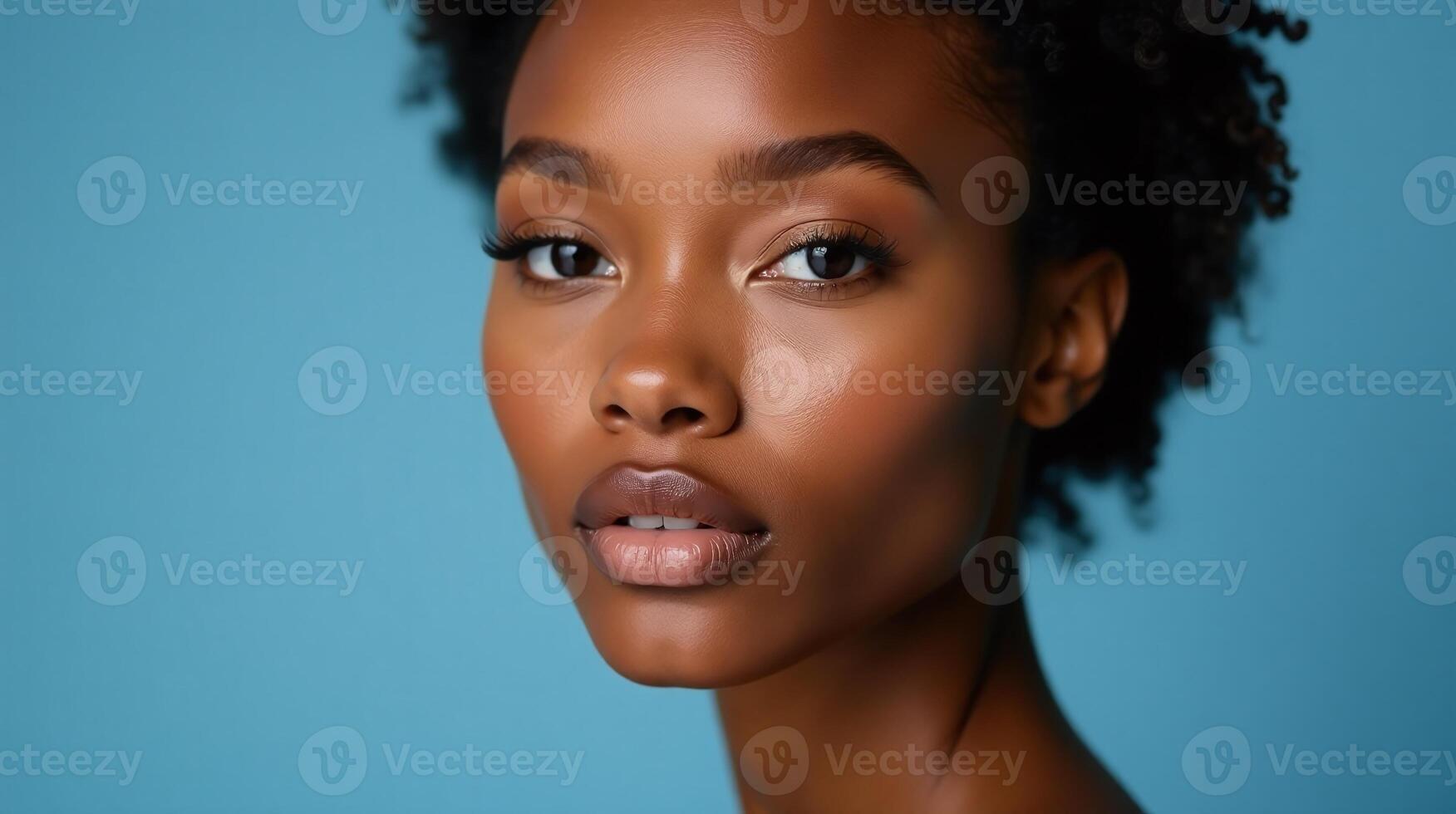 Close-up portrait of a model with polished skin, against a turquoise backdrop. photo