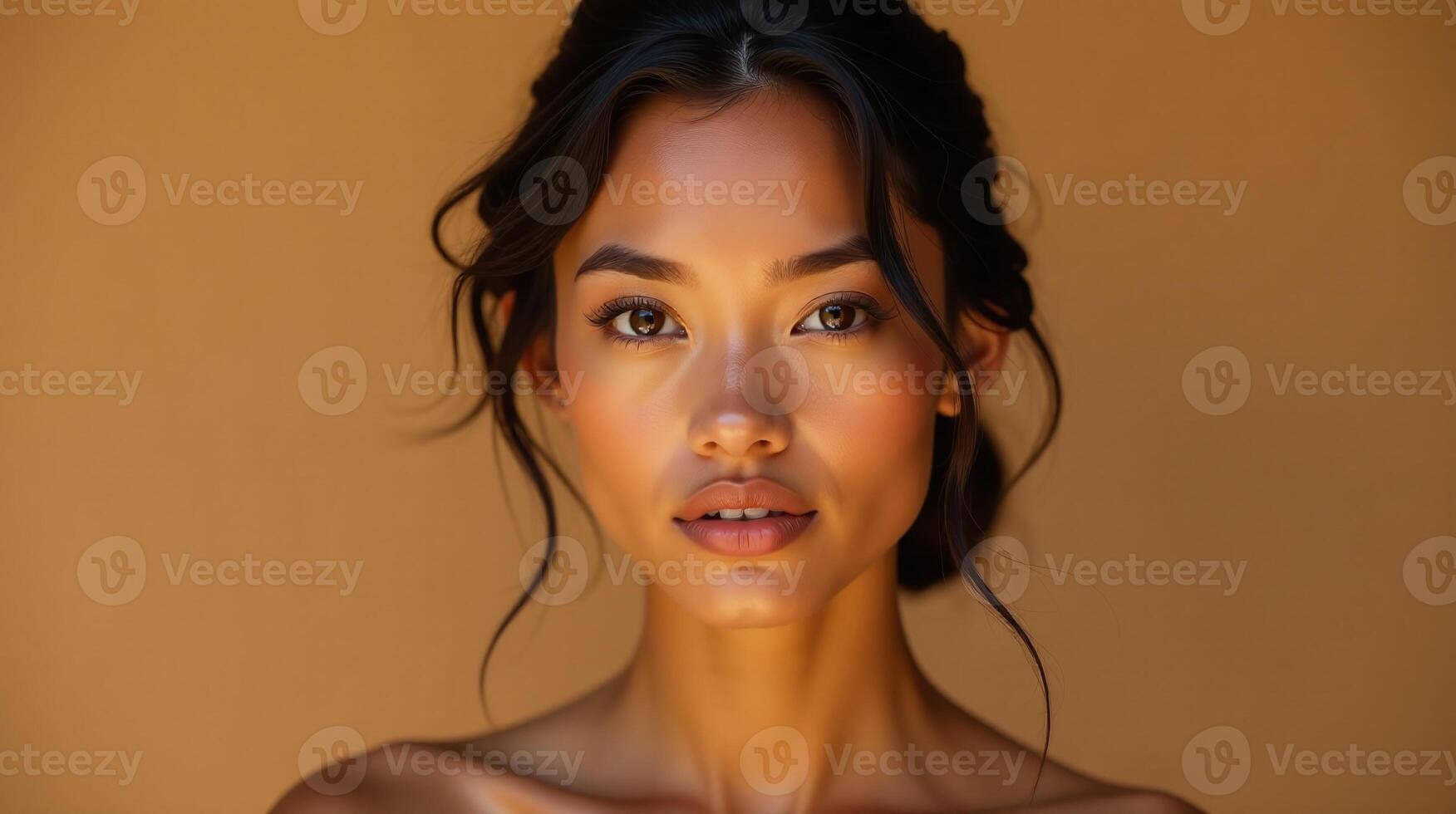 A serene portrait of a person against a warm, earth-toned background. photo