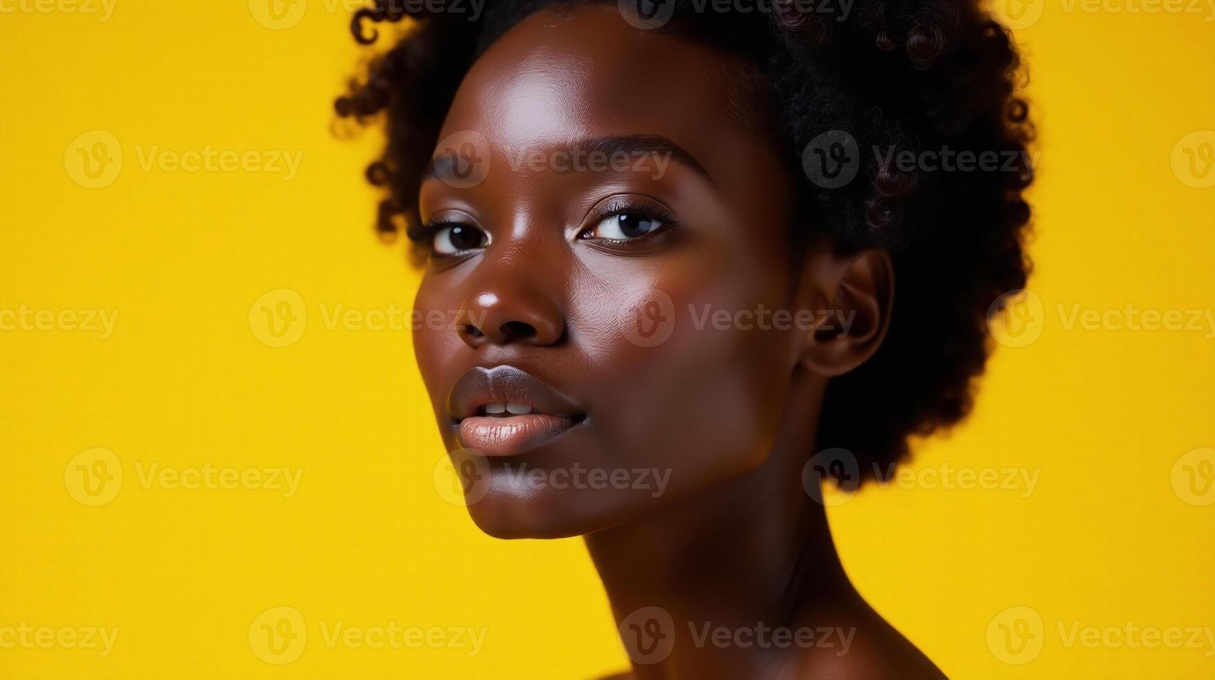 The image showcases a person with a natural, unprocessed appearance against a vibrant yellow background. photo