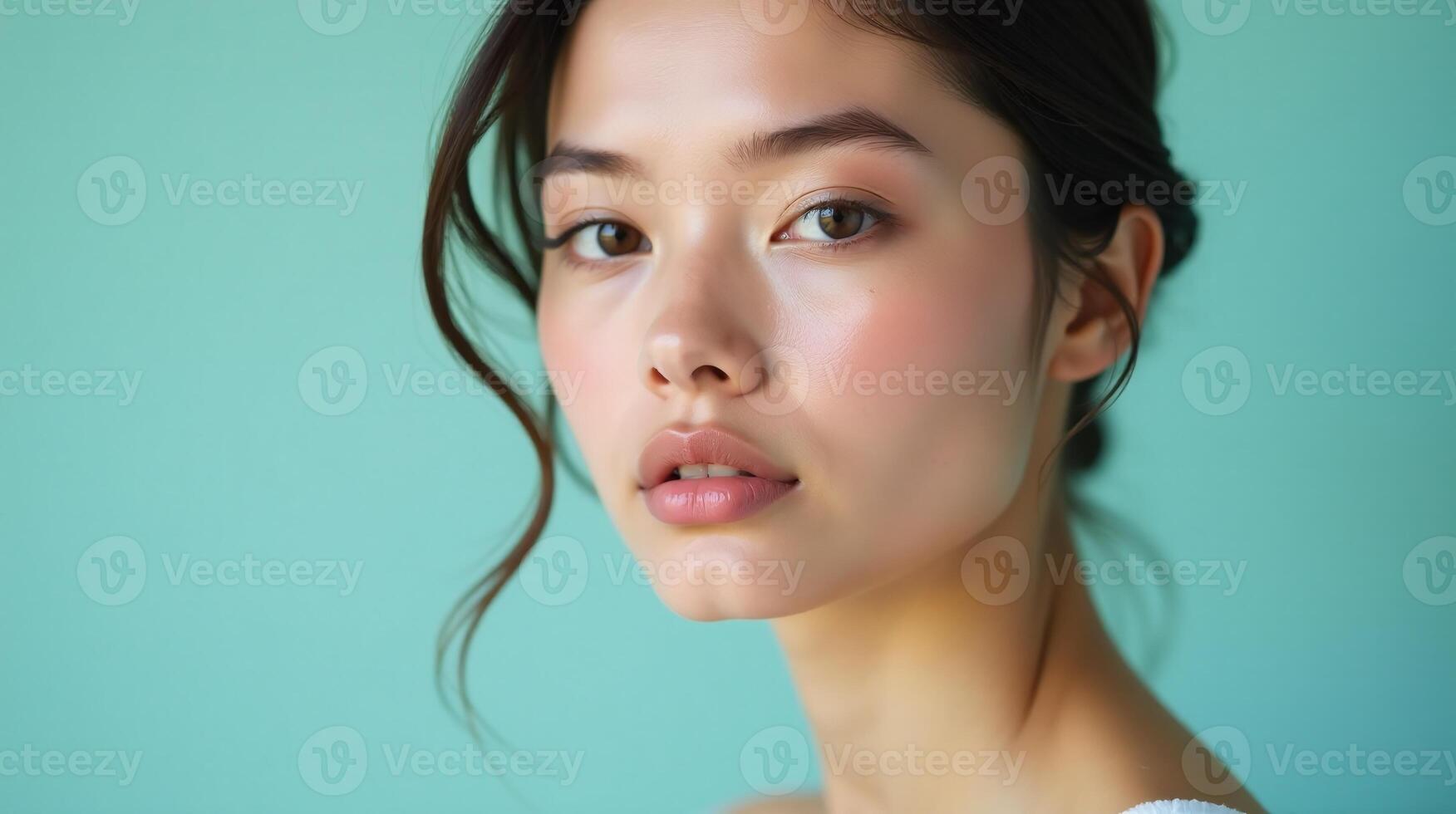 A graceful profile of elegance against a serene, turquoise backdrop. photo