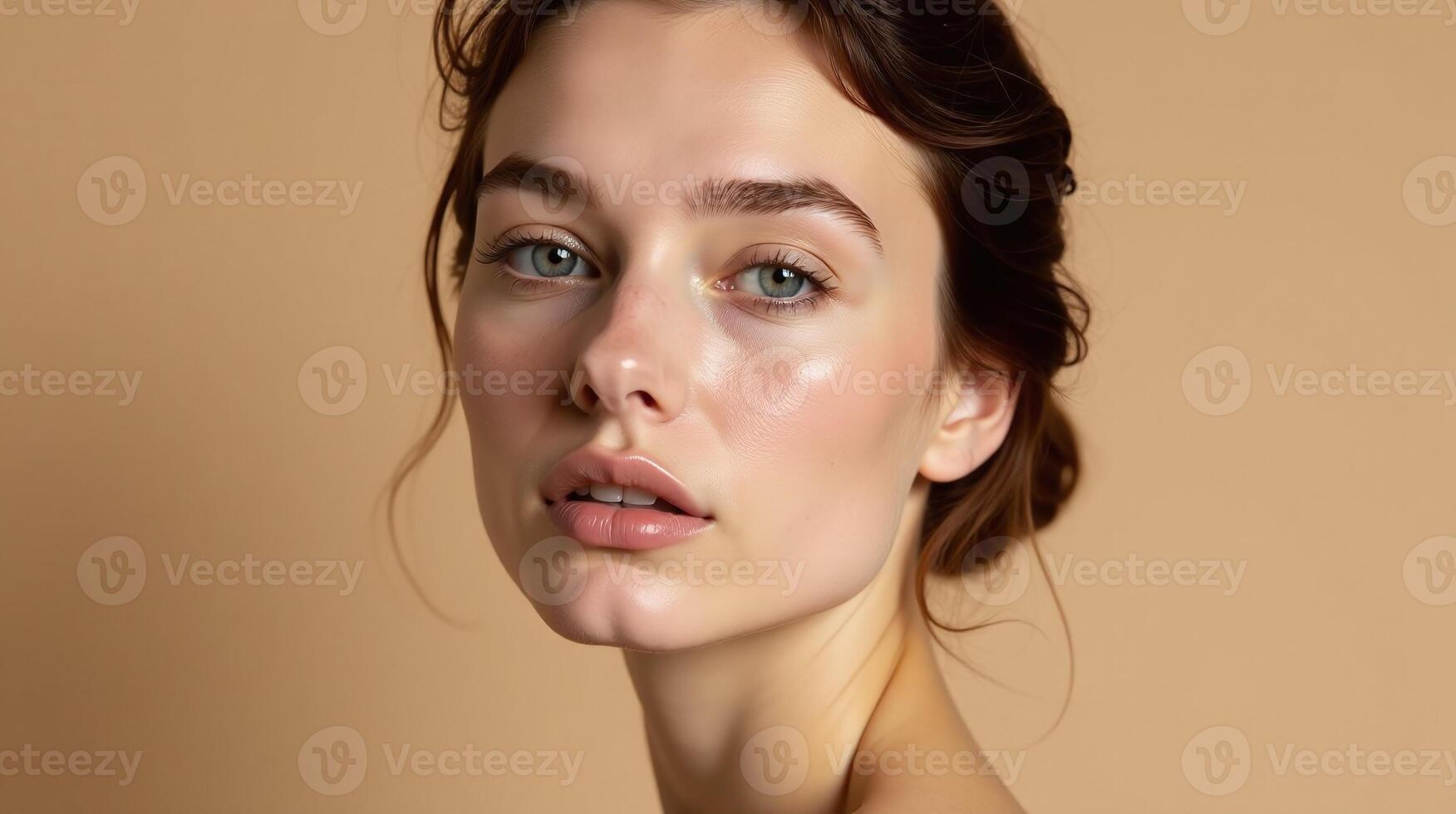 Portrait of a youthful, serene individual against a muted backdrop. photo