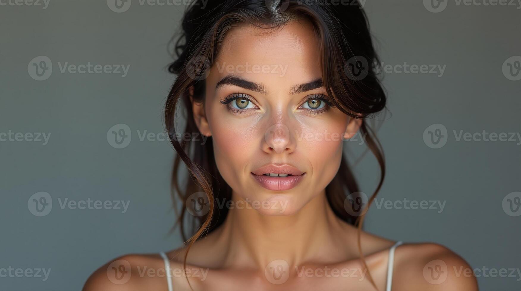The image showcases a young woman with a serene expression, her hair styled in soft curls. photo
