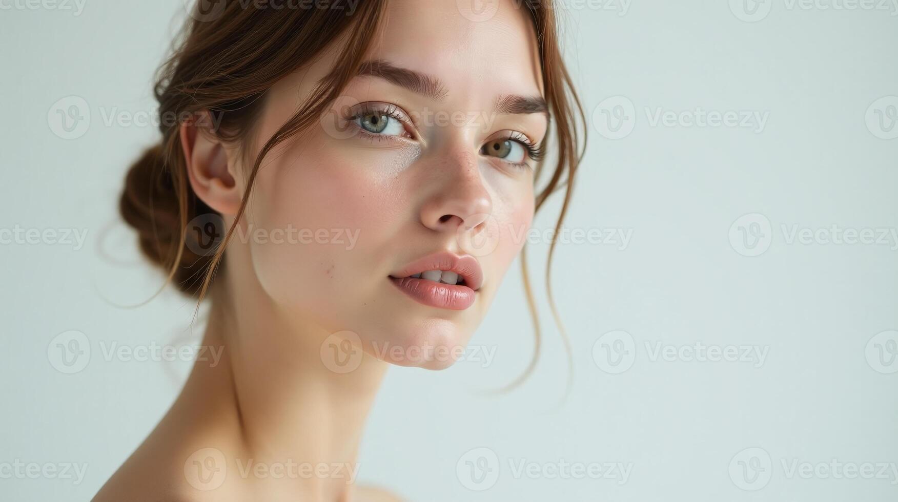 Photographic portrait of an individual with a bun hairstyle and a slight smile. photo