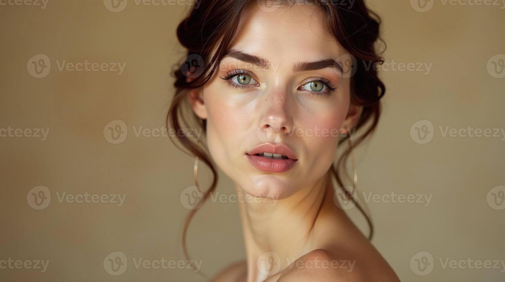 A woman with curly hair, wearing earrings, and looking at the camera. photo