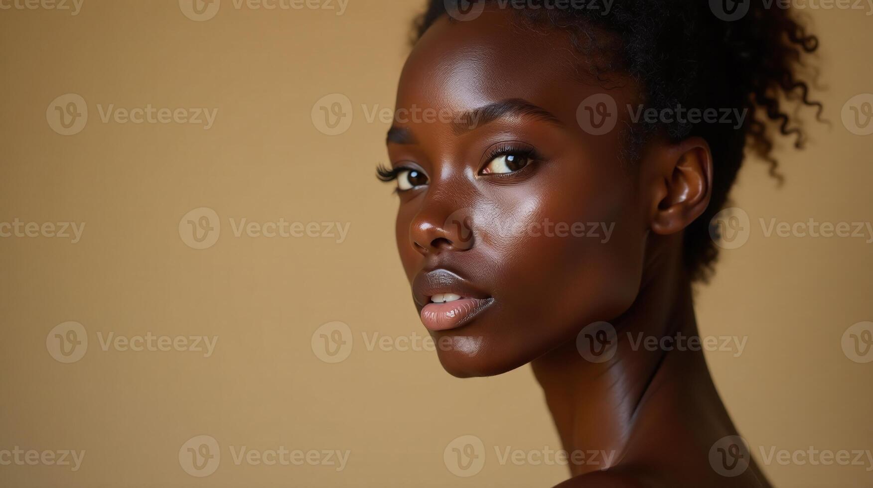 A woman with dark skin and striking features stands against a beige background, exuding an aura of elegance and grace. photo