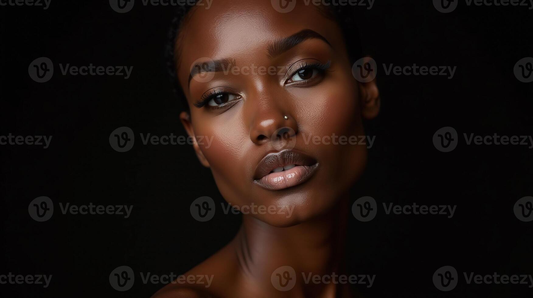 A serene, dark-toned portrait of a model with a piercing nose ring. photo