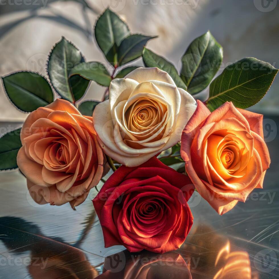 three roses are arranged on a table photo