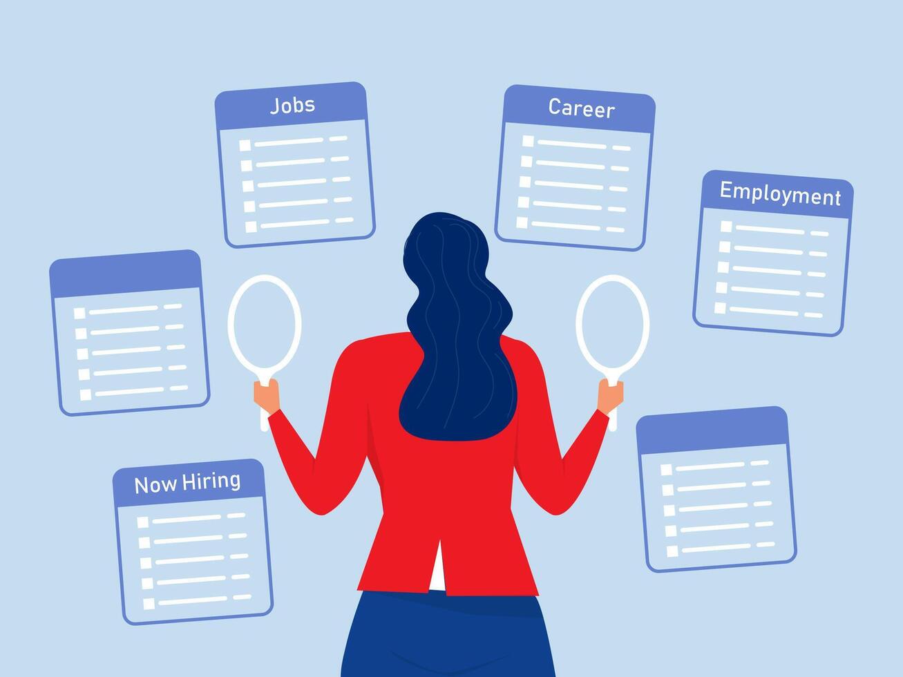 Businesswoman using magnifying glass in both hands searching for new hiring career.Job seeking, search for new career and opportunity job vacancy concept vector