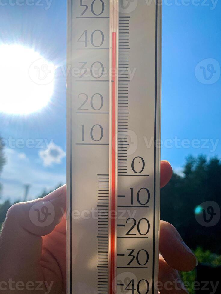 Thermometer in a garden shows high temperature on a hot summer day photo