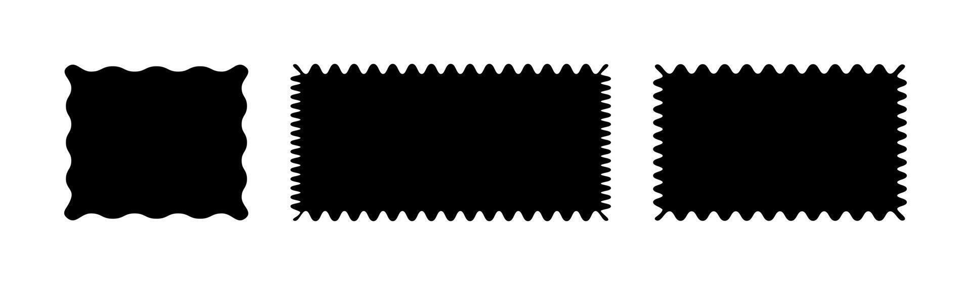Black rectangular patterns with squiggly borders. Wave curve edge frame mockups. Minimalist tag, empty text box, label, stamp, cracker, coupon with curvy, squiggly, wiggly, wavy edges. vector
