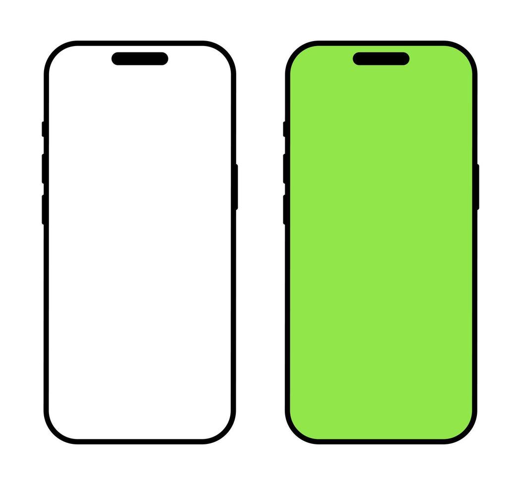 Set of smartphones. Mobile phone with green screen mockup. Gadget flat symbol. Device front view minimal icon. Simple sign for website design, ui, mobile apps. Blank smart phone screen frame templates vector