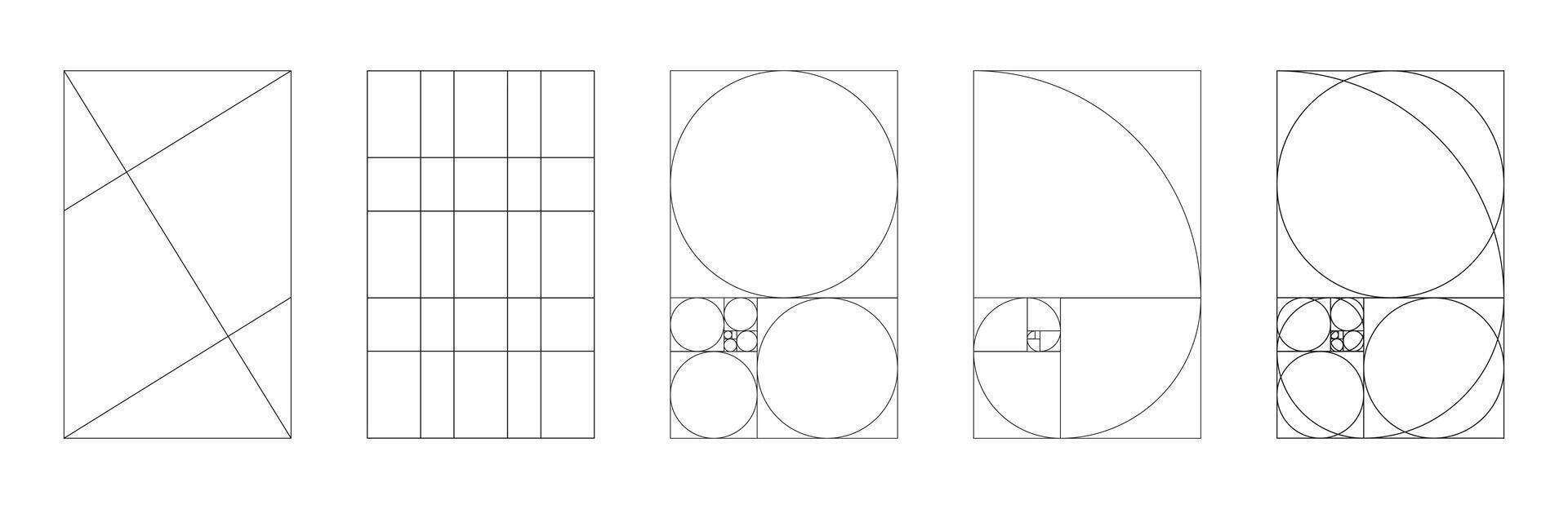 Golden ratio frames. Fibonacci array, numbers. Method golden section template. Harmony proportions grid. Outline illustration. vector