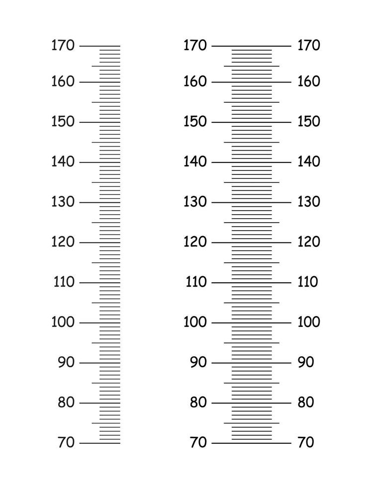 Height chart from 70 to 170 centimeters. Set of mockups for wall growth sticker. Meter wall or growth ruler template. Black graphic illustration. vector