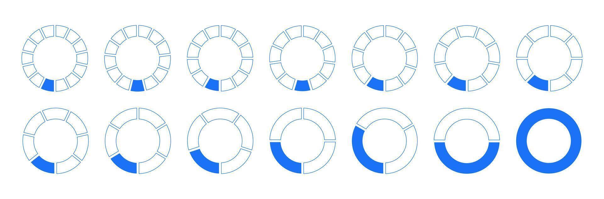Circles divided diagram 1, 2, 3, 10, 7, 8, 9, 10, 11, 12, 13, 14 equal parts. Graph icon. Pie, pizza shape section charts. Coaching blank blue mockups. Set of segments wheel round divide infographic. vector