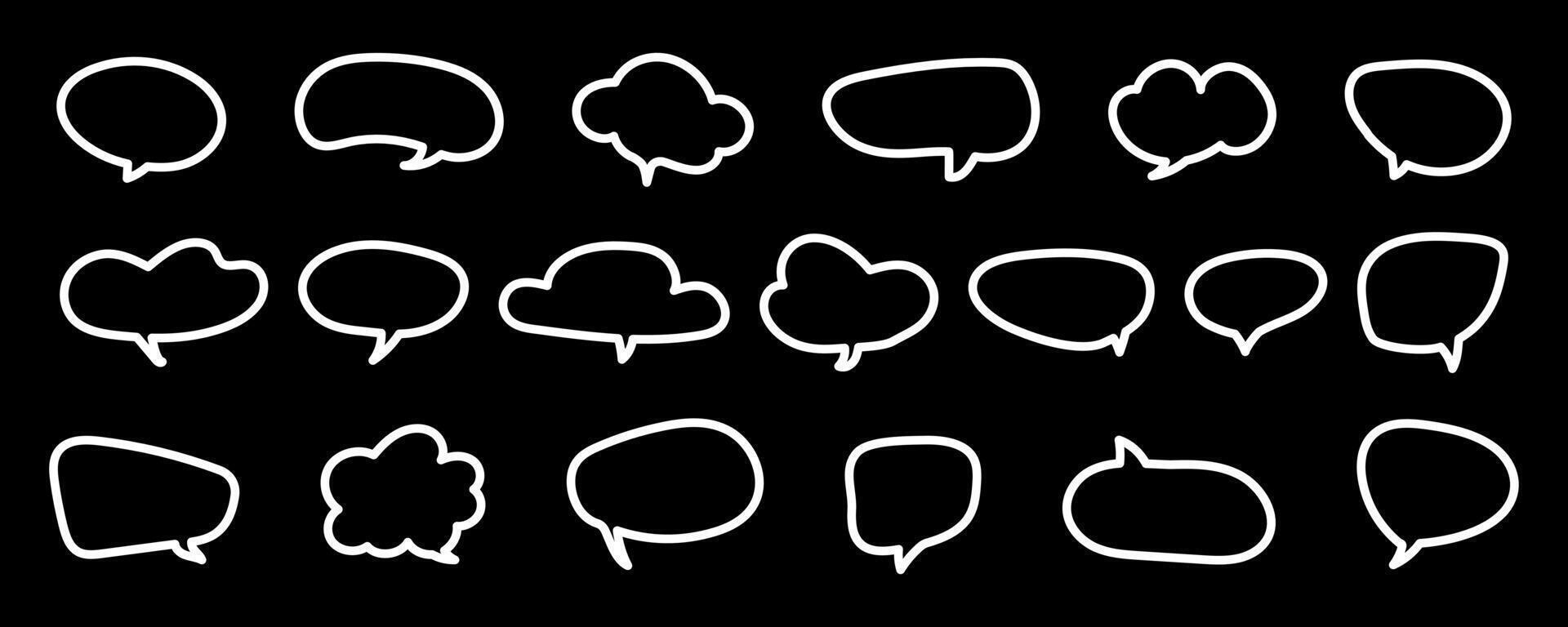 Speech bubble, sticker. Fun dialogue outline frames. Chat box, empty social media message balloon, silhouette mockups. Information, idea, quote icon. Communication network symbols in doodle thin style vector
